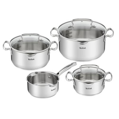 Set de 7 piese Tefal Duetto+ G719S735, oale cu capac de sticla, 16/20/24 cm, cratita 16 cm, inductie, inox, manere nituite, margini turnare, gradatii interioare (Argintiu), Tefal