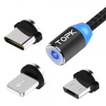 Cablu de incarcare 3 in 1 TOPK magnetic LED 2.4A MicroUSB / Lightning / Type-C de 2m negru, TOPK