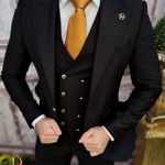 Costum negru cu butoni aurii: Sacou, Vesta si Pantalon - C3413, 