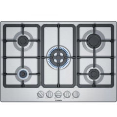 incorporabila PGQ7B5B90, Gaz, 5 Arzatoare, Aprindere electrica, Gratare fonta, Arzator Wok, Siguranta arzatoare, 75 cm, Inox, BOSCH