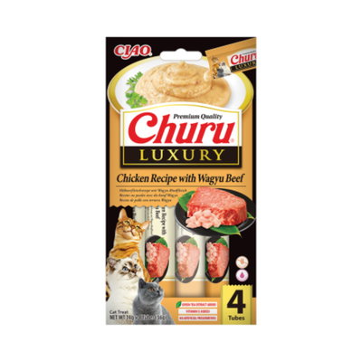 INABA Churu Luxury, Ton și Vită Wagyu, plic recompense fără cereale pisici, (piure), 56g, INABA