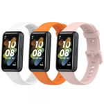 Set 3 curele sport pentru bratara fitness Huawei Band 7 din silicon, alb, roz, portocaliu, krasscom