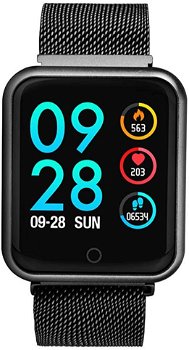 Ceas Smartwatch Techstar® P68, 1.3 inch IPS, Monitorizare Puls, Tensiune, Sedentarism, Bluetooth 4.0, IP65, Curea Otel Inoxidabil, Negru