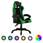vidaXL Scaun de jocuri cu LED RGB verde si negru piele ecologica 287999