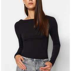 Trendyol Collection Bluză elastică din bumbac cu spate decupat, neagră, model strâmt TWOAW24BZ00173