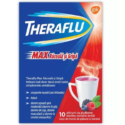 Theraflu Max Raceala si Gripa, 1000 mg/10 mg/70 mg pulbere pentru solutie orala, 10 plicuri, Gsk, GLAXOSMITHKLINE