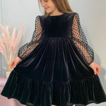 Rochie din catifea neagră cu maneci de tull pentru fete - Ada, Magazin Online Zaire.ro: Haine dama, casual, office sau elegante