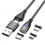 Cablu magnetic 6 in 1 de incarcare si transfer date PD 60W 3A Fast Charge Interfara USB / USB Type -C 3 mufe Lightning/ Micro USB / Type-C 1m, krasscom