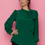 Bluza LaDonna verde cu detaliu stil esarfa la guler si nasturi decorativi tip bijuterie