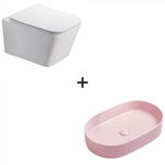 Set vas wc rimless cu capac soft close Paris plus lavoar baie oval roz mat, Foglia
