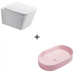 Set vas wc rimless cu capac soft close Paris plus lavoar baie oval roz mat, Fluminia