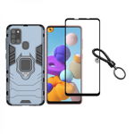 Set protectie 2 in 1 pentru Samsung Galaxy A21S SM-A217 cu husa hybrid antisoc cu stand inel si folie sticla ceramica fullsize si breloc cadou dark blue, krasscom