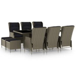 Set mobilier de exterior cu 6 scaune rabatabile, 2 tabureti cu perne si 1 masa blat sticla vidaXL, Poliratan, 200 x 100 x 74 cm, Maro/Negru