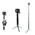 Selfie stick cu trepied si suport telefon Telesin pentru camere video sport, aluminiu, reglabil, 90cm, Negru, Telesin