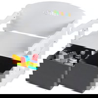 Birou Pentru Copii cu Scaun Convertibil Bancuta 3 in 1 Cu Masuta Si Spatii De Depozitare Jucarii din Lemn MDF, Culoare Alb cu Gri, Varsta 3-6 Ani, Suporto