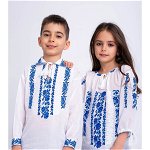Set Frate Sora bluze traditionale cu broderie inflorata albastra pentru fete si baieti, Haine de vis