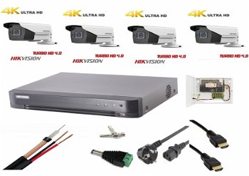 Sistem supraveghere video ultra profesional Hikvision 4 camere Ultra HD 8MP 4K, DVR 4 canale, full accesorii, live internet, Hikvision