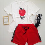 Compleu dama casual COMBO din pantaloni scurti rosii scris + tricou Apple alb, 