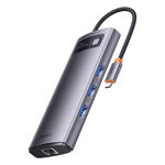 Adaptor Metal Gleam 7in1, Baseus, HUB USB-C - 2x HDMI, 3x USB3.0, RJ45, 100W, Gri