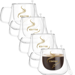 Set 4 cesti cafea cu pereti dubli cu 4 lingurite, Quasar & Co.®, 200 ml, termorezistenta, model rotund, mesaj COFFEE, transparent