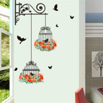 1 sticker de perete colorat, cu colivii, pasari si flori, model cauciucat, gumat, ideal pentru decoratiuni in living, dormitor, camera bebelusului sau chiar pe fereastra, Neer
