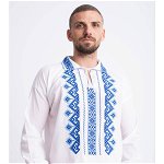 Bluza traditionala din bumbac alb cu model geometric albastru pentru barbat S, Haine de vis