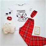 Pijama dama cu imprimeu Snoopy & Belle de culoare alba cu rosu