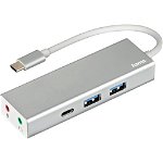 Hub USB Type-C HAMA Aluminium 135758, USB Type-A, 3.5 mm audio, argintiu