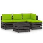 Set mobilier de gradina din paleti cu 3 canapele si 2 mese/taburet cu perne vidaXL, Lemn, Verde deschis