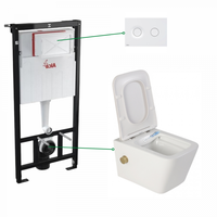 Set vas wc suspendat alb cu functie bideu si baterie auriu mat Foglia Safari, rezervor incastrat si clapeta alb mat, Alcadrain, Foglia x Alcadrain