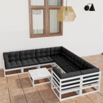 Set mobilier gradina cu perne vidaXL, 9 piese, lemn masiv de pin alb, 70 x 70 x 67 cm, 55.08 kg