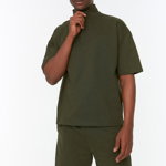 Trendyol, Set de tricou din amestec de bumbac si bermude, Verde militar, S