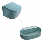 Set vas wc rimless cu capac soft close plus lavoar baie cu orificiu baterie verde turcoaz mat, Foglia