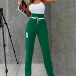 Pantaloni sport Frank, cu snur stilizat, logo si talie elastica oversize, Verde, FashionForYou