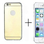 Pachet husa Elegance Luxury Tip Oglinda Gold pentru Apple Iphone 5 / Apple iPhone 5S / Apple iPhone 5SE cu folie de sticla gratis !, MyStyle