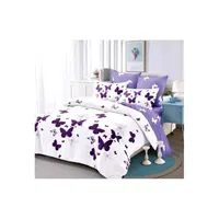 Set Lenjerie Finet Satinat, 6 Piese, Pat 2 Persoane, Fluturi Lila - BAMP-410, Lenjerii de Calitate