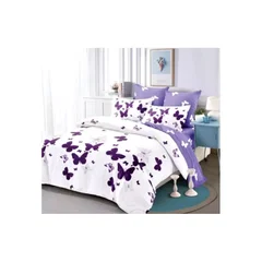 Set Lenjerie Finet Satinat, 6 Piese, Pat 2 Persoane, Fluturi Lila - BAMP-410, Lenjerii de Calitate