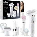 Epilator Braun Silk Epil 9 9/9105 Sistem Flex + Mini aparat pentru indepartarea parului facial, SensoSmart, Micro-Grip, Braun FaceSpa 5 accesorii, Alb/Auriu