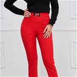 Pantaloni din stofa usor elastica rosii conici cu talie inalta accesorizati cu o catarama - StarShinerS, StarShinerS