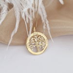 Lantisor personalizat cu nume - Copacul Vietii decorat cu Zirconii albe - Argint 925 placat cu Aur Galben 18K, ChicBijouxMarti
