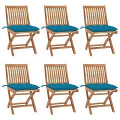 Scaune gradina pliabile cu perne vidaXL 3072853, 6 buc, lemn masiv tec (Albastru deschis/Maro), vidaXL