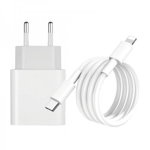 Set 2 in 1 incarcator Type-C 20W si cablu PD de incarcare / transfer date USB Type-C – Lightning, 1m, alb, krasscom
