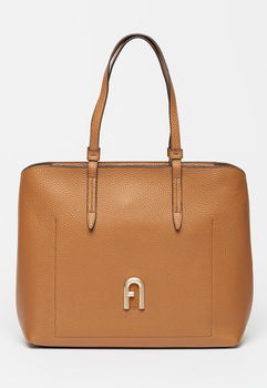 Furla, Geanta shopper de piele cu aplicatie logo metalica Primula, Maro