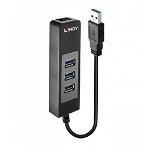 Hub USB Lindy LY-43176, 3 porturi 3.0 + Ethernet, negru, LINDY