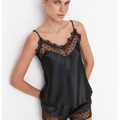 Trendyol, Pijama scurta cu garnituri semitransparente, Negru, 36 Trendyol, Pijama scurta cu garnituri semitransparente, Negru, 36