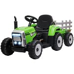HOMCOM Tractor Electric cu Remorca Detasabila, Baterii de 12V, cu Telecomanda, Muzica si Claxon pentru copii de 3-6 ani, Verde | Aosom RO, HOMCOM