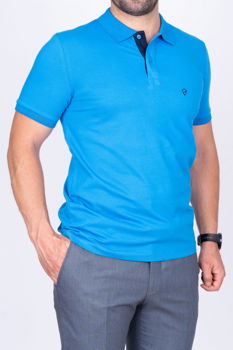 Tricou polo bumbac slim albastru, Escudo