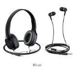 Set Casti Audio In-Ear Si On-Ear Hoco W24 Jack 3.5mm 1.2m Albastru, Hoco