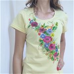 Tricou galben pal pictat manual ,cu flori colorate,unicat, Shopika