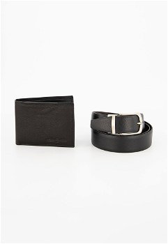 Pierro Poggi, Set de curea si portofel din piele, Negru/Maro inchis, 110 CM Standard